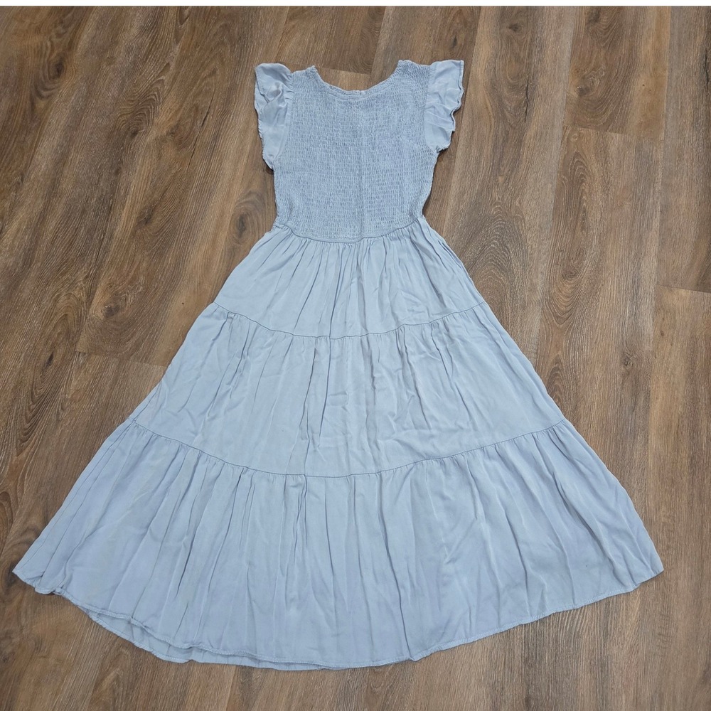 Merokeety Light Blue Smocked Tiered Maxi Dress Ruffle Cap Sleeve Rayon Medium - Picture 7 of 7